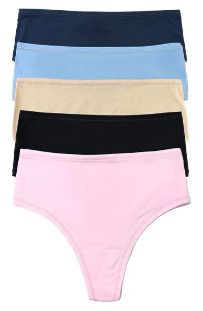 Hanky Panky Women's Play Stretch Hi-rise Thong 5 Pack In Black,chai,bateaublue