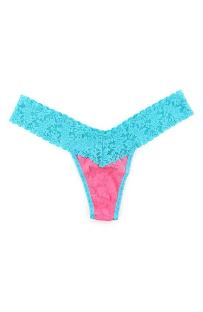 Hanky Panky Signature Lace Low Rise Thong In Pink/ Turquoise