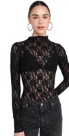 Hanky Panky Signature Lace Mock Neck Long Sleeve Thong Bodysuit Black In Black