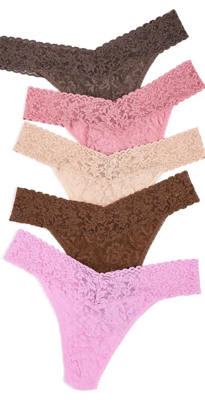 Hanky Panky Signature Lace Original Rise Thong 5 Pack Honey/horizon/pink/choco In Multi