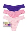 Hanky Panky Signature Lace Original Rise Thongs, Set Of 3 In Lipgloss/hyacinth/majestic Purple (heirl