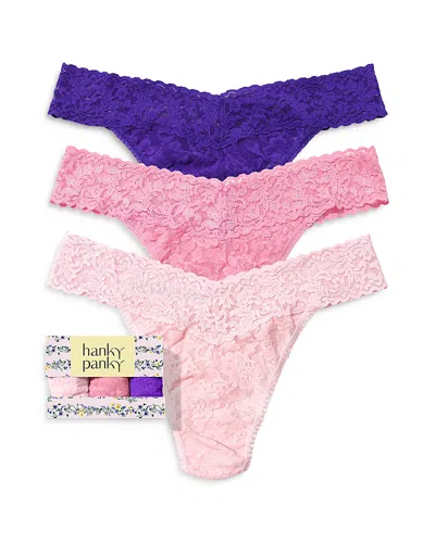 Hanky Panky Signature Lace Original Rise Thongs, Set Of 3 In Lipgloss/hyacinth/majestic Purple (heirl