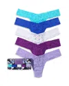 Hanky Panky 5 Pack Signature Lace Low Rise Thongs In Printed Box In Turqu/blue/white/twilight