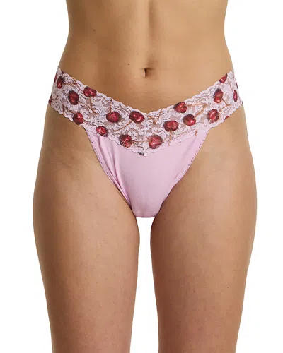 Hanky Panky Supima Cotton Original Rise Thong With Lace Trim In Pink