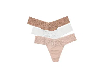 Hanky Panky Supima(r) Cotton Low Rise Thongs With Lace 3-pack Women's Underwear Sun Tan/chai/white: One Size In Multi