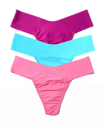 Hanky Panky Women's Breathe Soft Mid Rise Thong 3 Pack In Pacific,blue,taffy