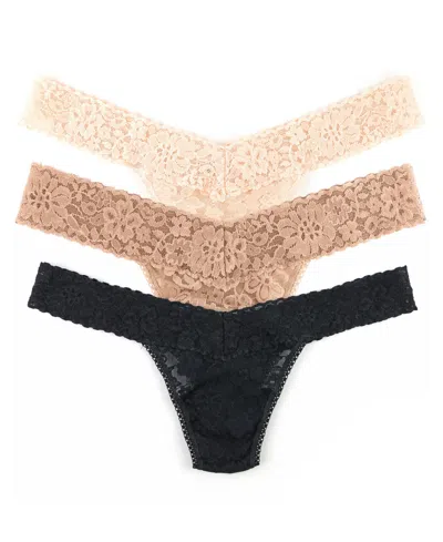 Hanky Panky Women's Daily Lace Low Rise Thong Underwear 3 Pack In Black,taupe,vanilla