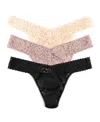 Hanky Panky Women's Daily Lace Original Rise Thong Underwear 3 Pack In Black,taupe,vanilla