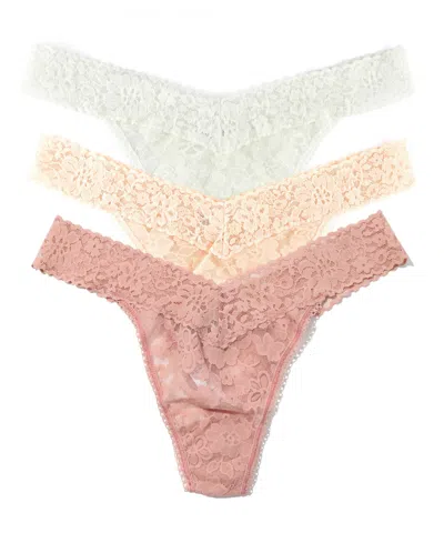 Hanky Panky Women's Daily Lace Original Rise Thong Underwear 3 Pack In Desert Rose,vanilla,marshmallow