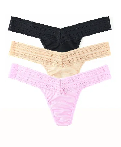 Hanky Panky Dream Lace Trim Thong In Pink/black/beige