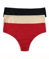 Hanky Panky Set Of 3 Play Natural Thong In Black,chai,cayenne