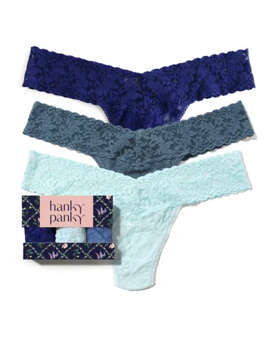 Hanky Panky Women's Signature Lace Low Rise Thong 3 Pack Panty In Blue