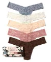 Hanky Panky 5 Pack Plus Size Signature Lace Thongs In Printed Still Life Box In Shining Armor Gray,ivory,vanilla,dese