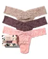 Hanky Panky 3 Pack Petite Size Signature Lace Thongs In Printed Box In Taupe,dusk,rswp