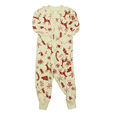 Pre-owned Hanna Andersson Kids' Girls Ivory Red Reindeer 1-piece Non-footed Pajamas In Multi