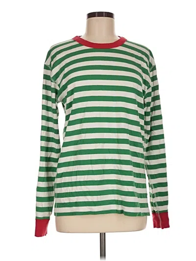 Pre-owned Hanna Andersson Long Sleeve Top Green Stripes Pattern Crew Neck Tops