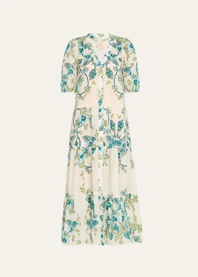 Hannah Artwear Anyeta Floral Cotton Short-sleeve Tiered Maxi Dress In Jasmine Azul