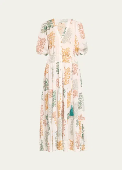 Hannah Artwear Anyeta Paisley Cotton Short-sleeve Tiered Midi Dress In Ocean