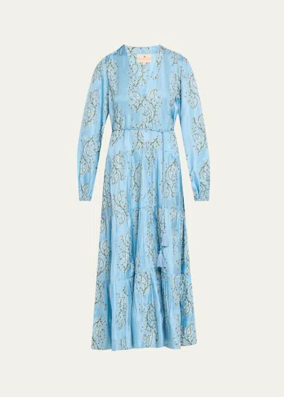 Hannah Artwear Larissa Embroidered Silk Habotai Tiered Midi Dress In Sky