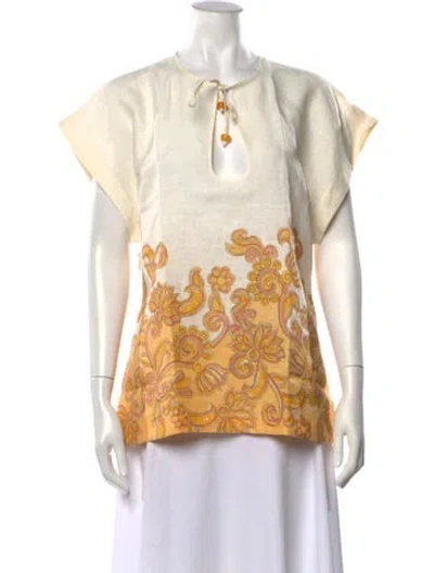 Pre-owned Hannah Artwear Linen Floral Print Top W/ Tags In Yellow