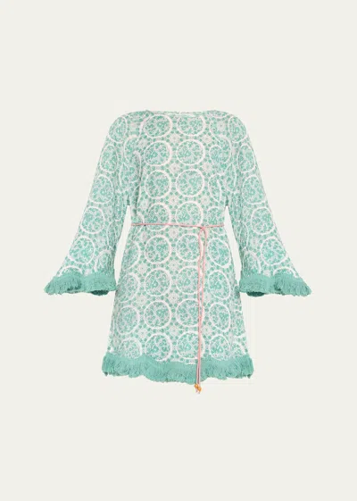 Hannah Artwear Sienna Fringed Block-print Linen Mini Dress In Rockpool