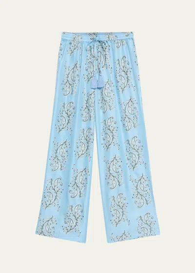 Hannah Artwear Theo Wide-leg Silk Paisley Drawstring Pants In Sky