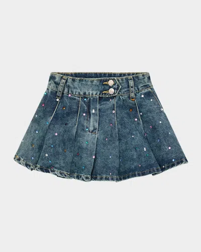 Hannah Banana Kids' Girl's Bejeweled Pleated Denim Mini Skirt In Blue