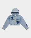 Hannah Banana Girl's Cropped Heart-embellished Denim Jacket In Blue