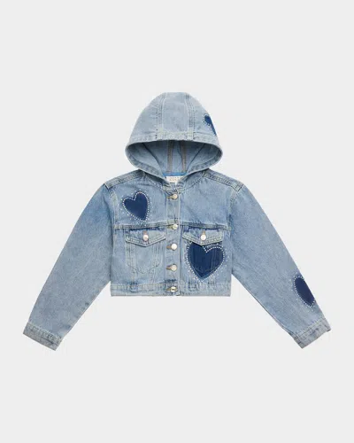 Hannah Banana Kids' Girl's Cropped Heart-embellished Denim Jacket In Blue