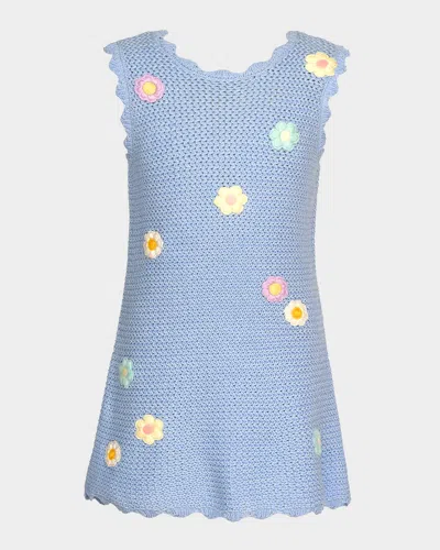 Hannah Banana Kids' Girl's Crotchet Dress W/ 3d Flowers In Blue