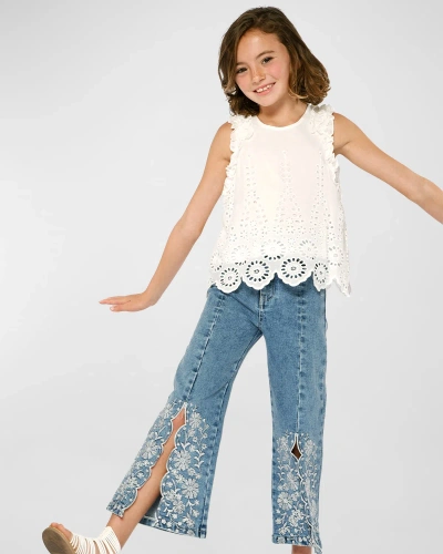 Hannah Banana Kids' Girl's Denim Embroidered Flare Leg Jeans In White