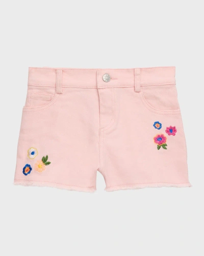 Hannah Banana Kids' Girl's Denim Floral Embroidered Shorts In Pink