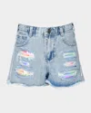 Hannah Banana Girl's Denim Shorts W/ Sequin Patches In Denim Blue