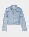 Hannah Banana Girl's Distressed Denim Jacket W/ Patches In Denim Blue