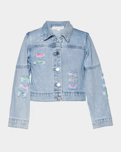 Hannah Banana Kids' Girl's Distressed Denim Jacket W/ Patches In Denim Blue