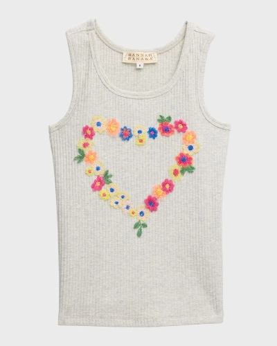 Hannah Banana Kids' Girl's Embroidered Flower Heart Tank Top In Gray