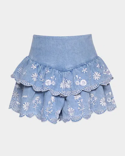 Hannah Banana Kids' Girl's Embroidered Tiered Chambray Skirt In Denim Blue