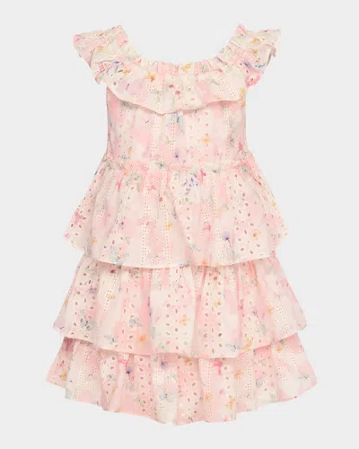 Hannah Banana Kids' Girl's Floral-print Eyelet Lace Trim Dress In Pink