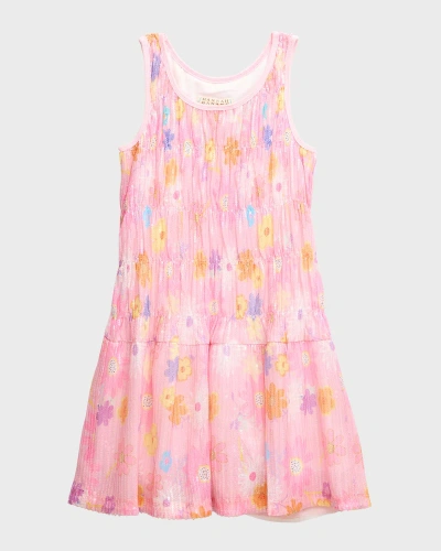 Hannah Banana Kids' Girl's Floral-print Sequin Dress In Pink