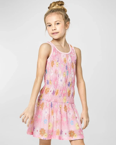 Hannah Banana Kids' Girl's Floral-print Sequin Dress In Pink Multi