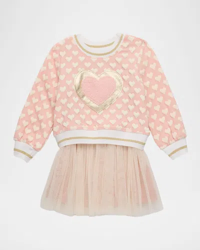 Hannah Banana Kids' Girl's Heart-print Sweater & Tulle Skirt Combo Dress In Neutral