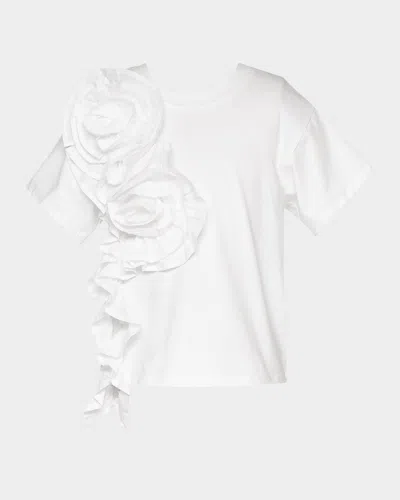 Hannah Banana Kids' Girl's Jersey T-shirt W/ 3d Floral Trim In White