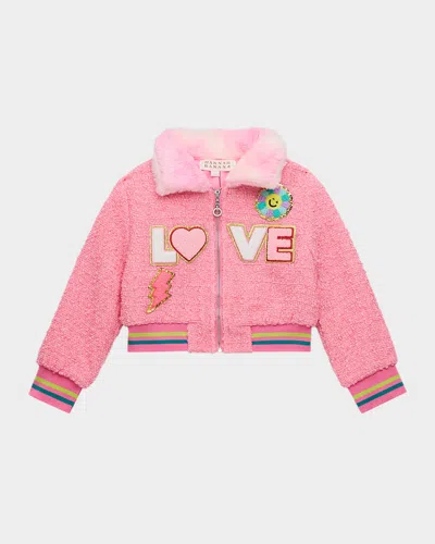Hannah Banana Kids' Girl's Love Appliqué Tweed Jacket In Pink