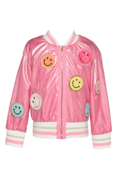 Hannah Banana Kids' Girl's Smiley Patch Bomber Jacket In Pink