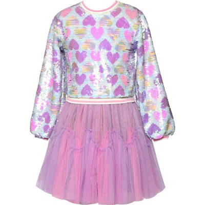 Hannah Banana Kids' Heart Print Sequined Twofer Dress In Multi