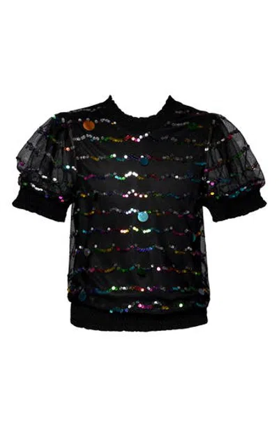 Hannah Banana Kids' Sequin Mesh Puff Sleeve Top In Black