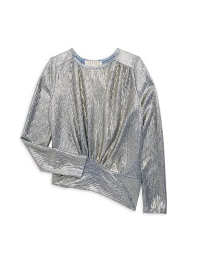 Hannah Banana Kids' Little Girl's Asymmetric Metallic Gathered Top In Blue Silver