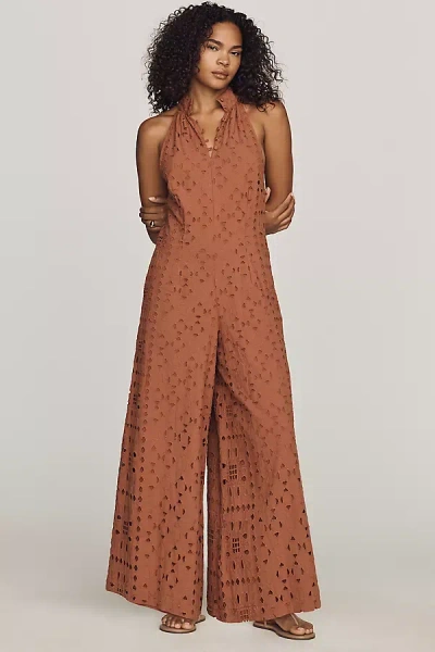 Hannah Lynn Cotton Eyelet Halter Jumpsuit In Brown