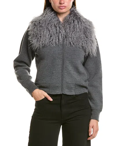 Hannah Rose Merino Wool Lamb Collar Bomber Jacket In Gray