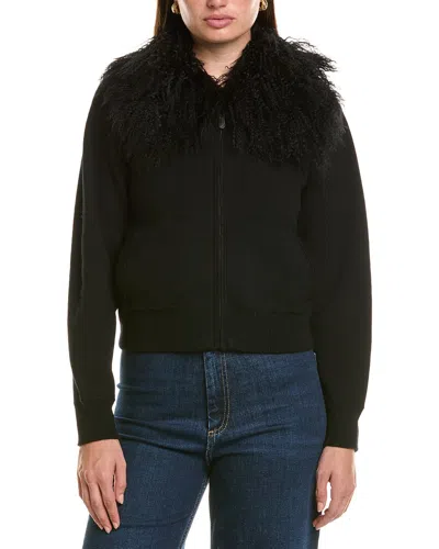 Hannah Rose Merino Wool Lamb Collar Bomber Jacket In Black